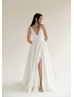 Classic Ivory Jacquard Side Slit Wedding Dress With Pockets